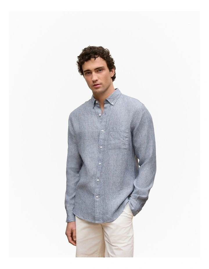 Regular Fit Yarn Dyed Linen Grid Shirt in Navy image 1