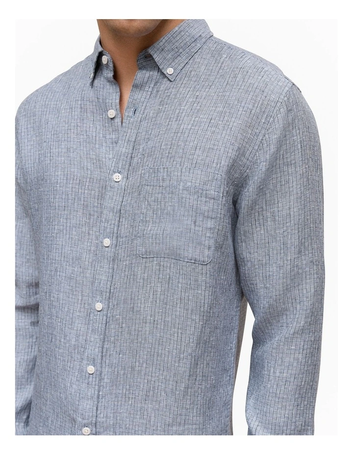 Regular Fit Yarn Dyed Linen Grid Shirt in Navy image 3