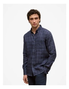 Regular Fit Linen Fine Check Shirt in Navy