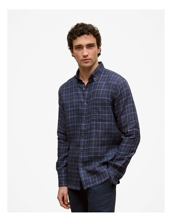 Regular Fit Linen Fine Check Shirt in Navy image 1