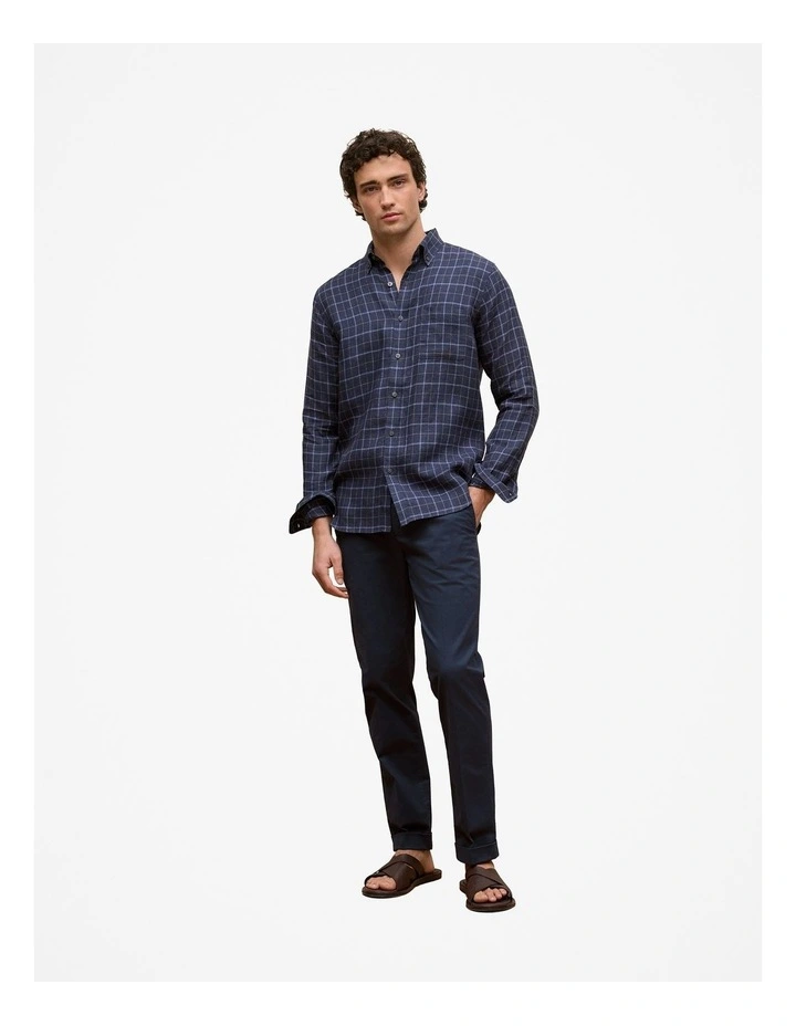 Regular Fit Linen Fine Check Shirt in Navy image 2