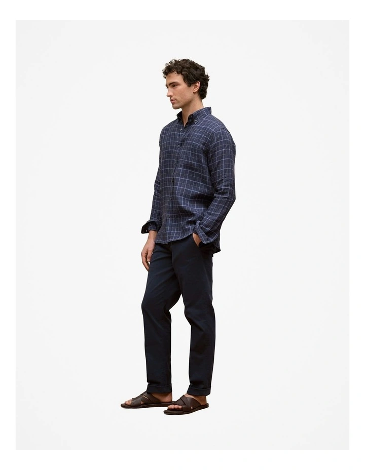 Regular Fit Linen Fine Check Shirt in Navy image 4