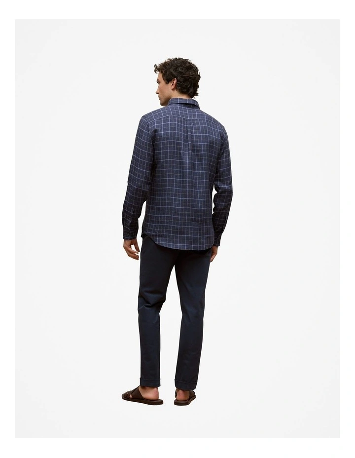 Regular Fit Linen Fine Check Shirt in Navy image 5