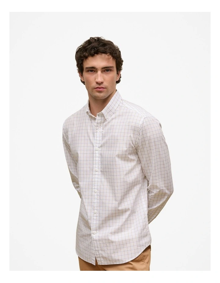 Regular Fit Cotton Poplin Check Shirt in White image 1