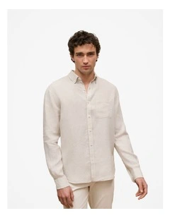 Regular Fit Linen Micro Check Long Sleeve Shirt in Stone
