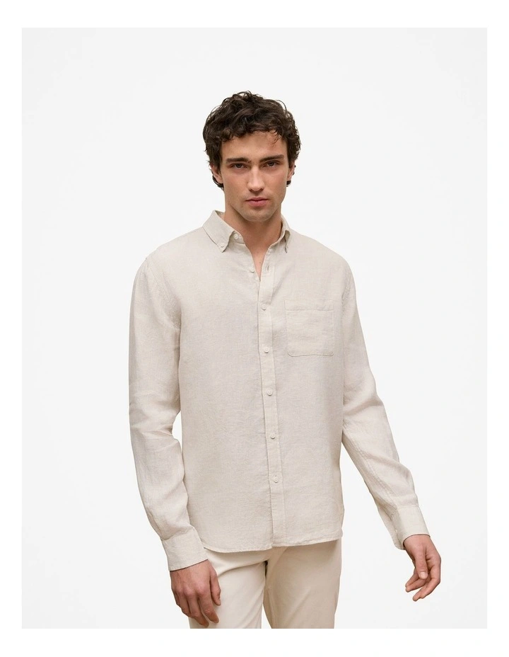 Regular Fit Linen Micro Check Long Sleeve Shirt in Stone image 1