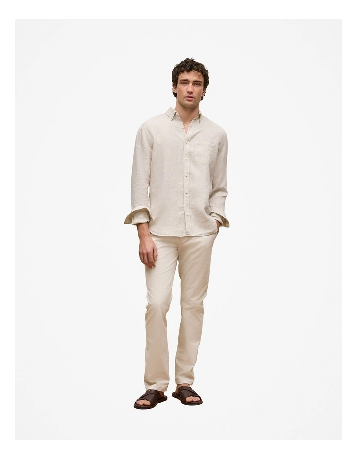 Regular Fit Linen Micro Check Long Sleeve Shirt in Stone image 2