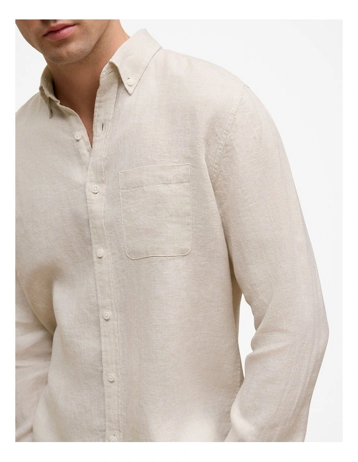 Regular Fit Linen Micro Check Long Sleeve Shirt in Stone image 3