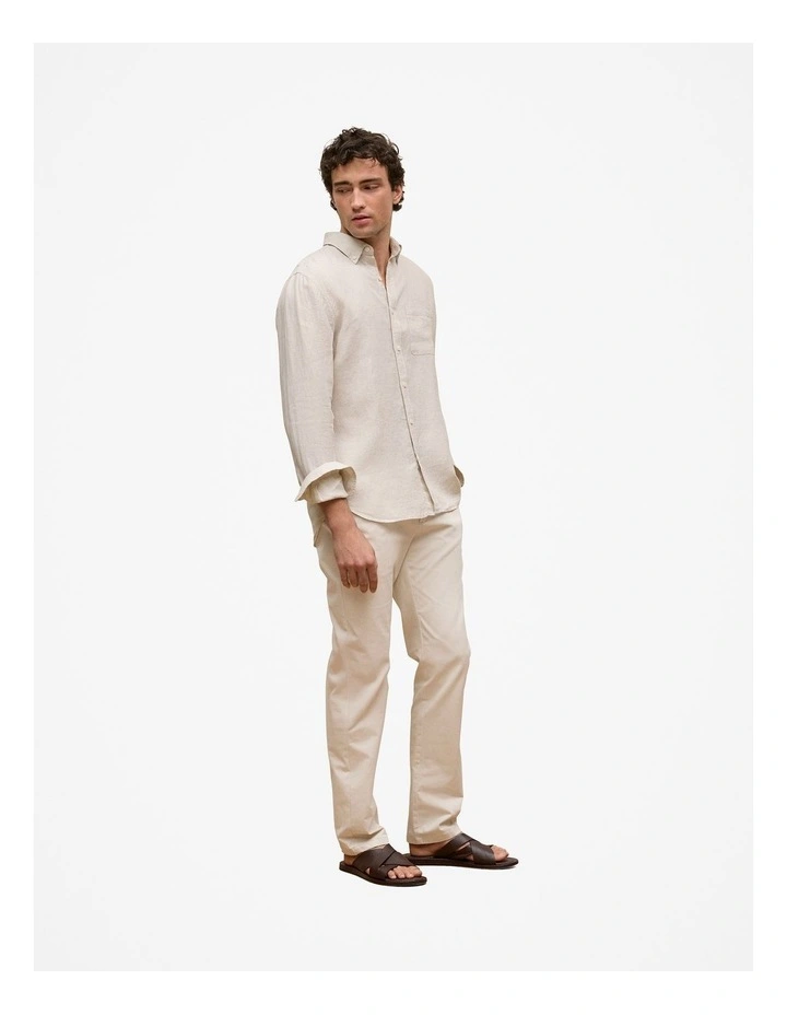 Regular Fit Linen Micro Check Long Sleeve Shirt in Stone image 4
