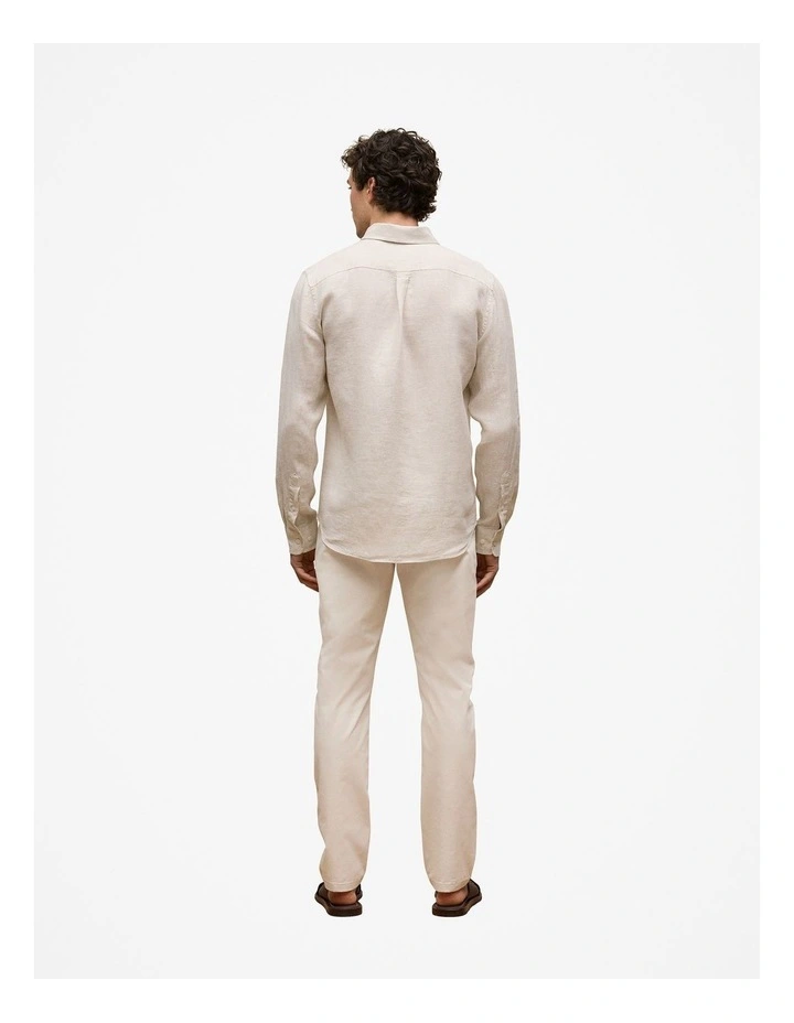 Regular Fit Linen Micro Check Long Sleeve Shirt in Stone image 5