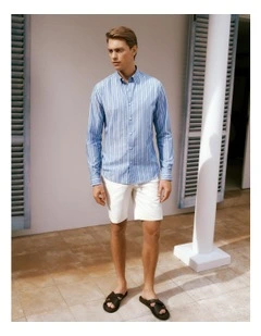 Regular Fit Poplin Stripe Long Sleeve Shirt in Dusty Blue