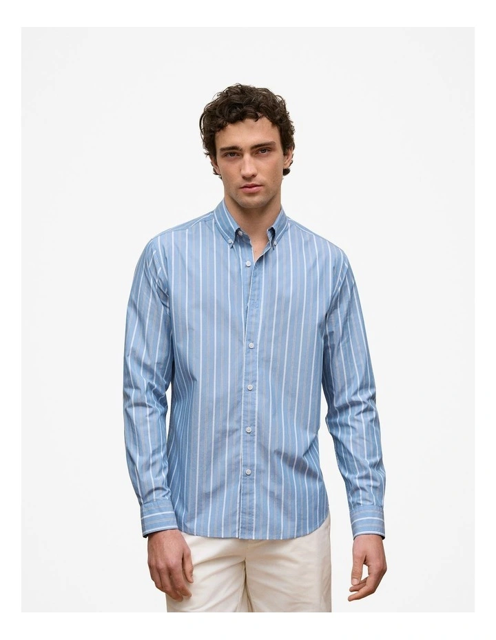 Regular Fit Poplin Stripe Long Sleeve Shirt in Dusty Blue image 2