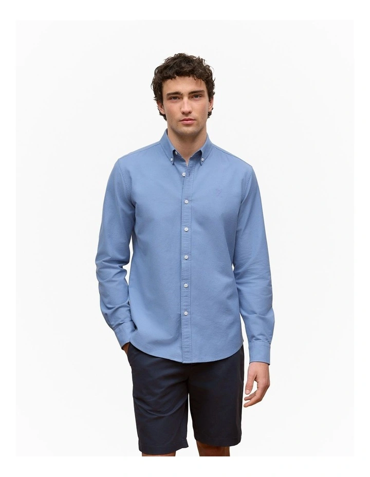 Regular Fit Cotton Oxford Monogram Shirt in Dusty Blue image 2