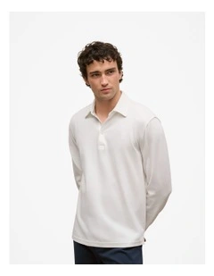 Micro Pique Monogram Long Sleeve Polo in White