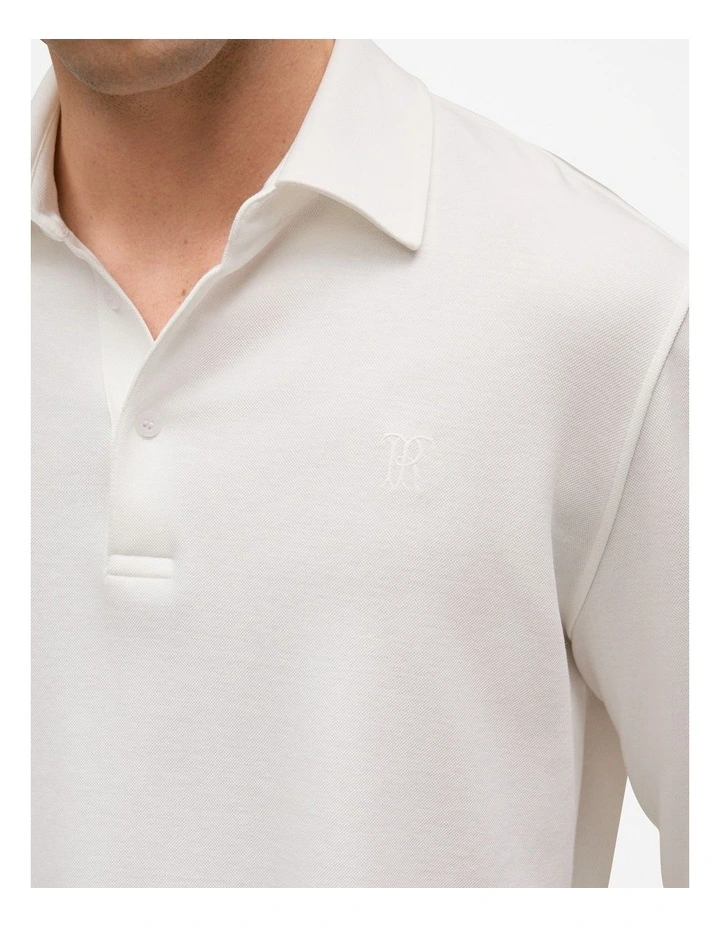 Micro Pique Monogram Long Sleeve Polo in White image 3