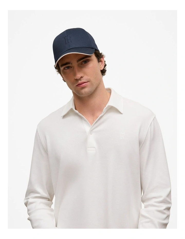 Micro Pique Monogram Long Sleeve Polo in White image 4