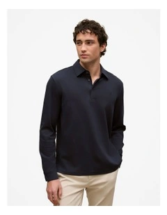 Micro Pique Monogram Long Sleeve Polo in Navy