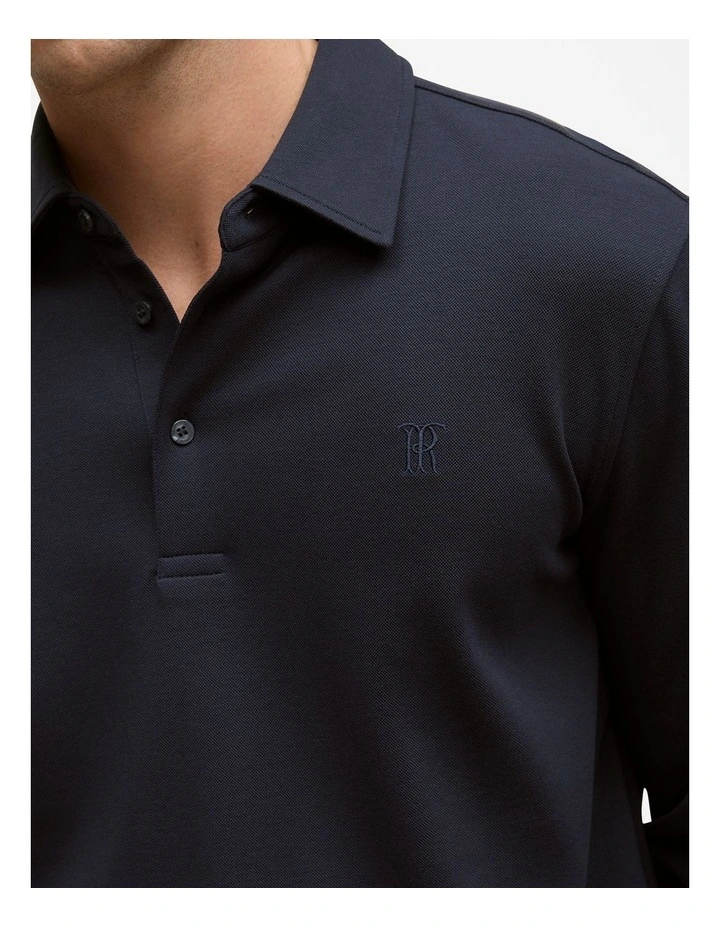 Micro Pique Monogram Long Sleeve Polo in Navy image 3