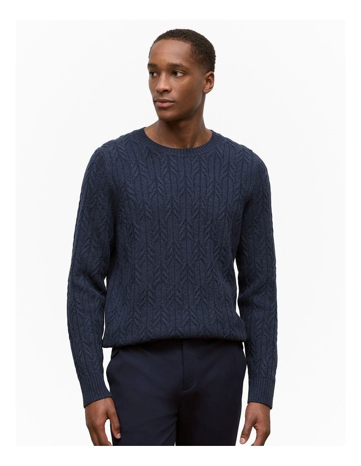 Wool Cable Knit Crew in Navy image 1