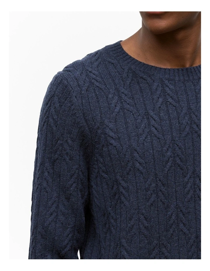 Wool Cable Knit Crew in Navy image 3