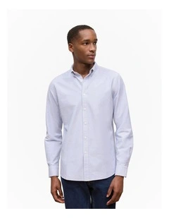 Regular Fit Yarn Dyed Stripe Oxford Shirt in Steel Blue