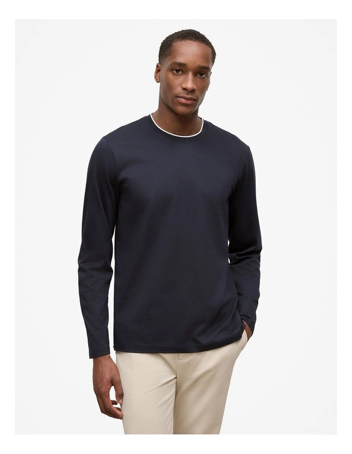 Mercerised Cotton Tipped Long Sleeve T-shirt in Navy image 1