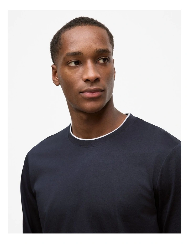 Mercerised Cotton Tipped Long Sleeve T-shirt in Navy image 3