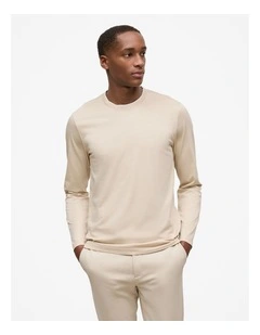 Mercerised Cotton Tipped Long Sleeve T-shirt in Fawn
