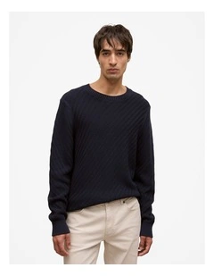 Cotton Blend Textured Crew in Navy