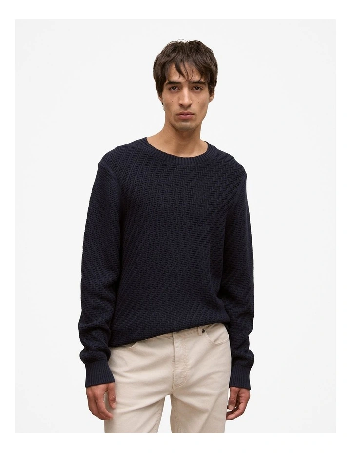 Cotton Blend Textured Crew in Navy image 1