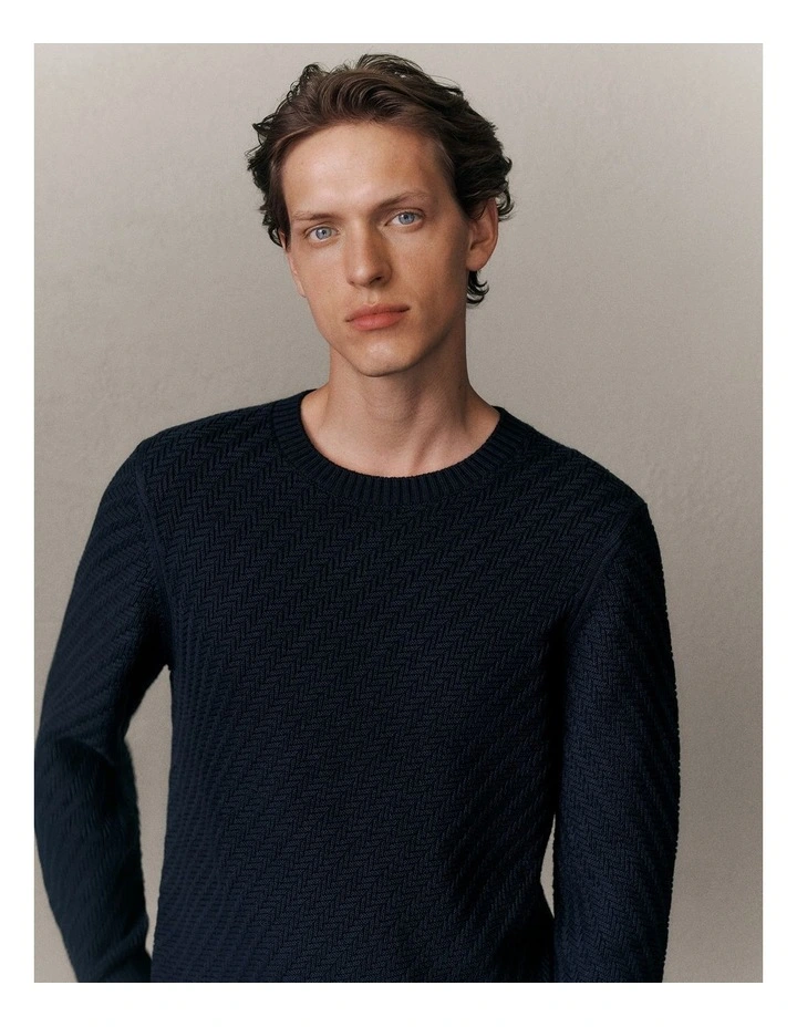 Cotton Blend Textured Crew in Navy image 2