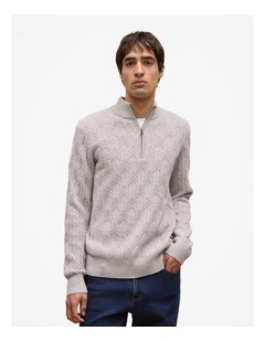Merino Nep Cable Half Zip in Grey Melange