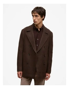 Italian Wool Herringbone Peacoat in Coffee Bean