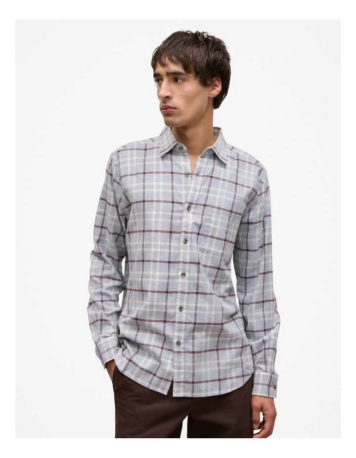 Brushed Cotton Melange Check Shirt in Light Grey Marle image 1