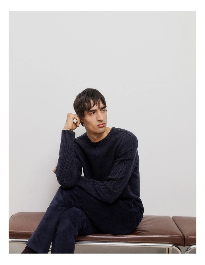 Merino Cable Detail Crew in Navy image 6
