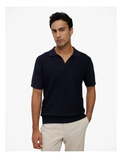 Mercerised Diamond Knit Polo in Navy