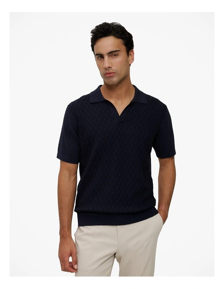 Mercerised Diamond Knit Polo in Navy image 1