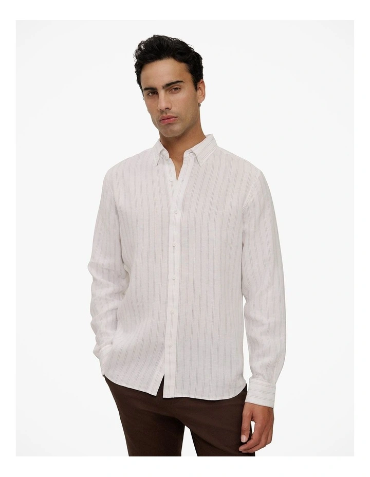 Regular Fit Delave Linen Fine Stripe Shirt in White image 1