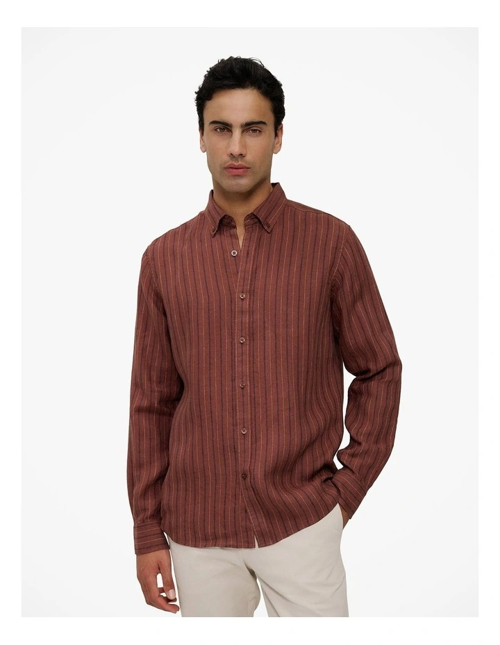 Regular Fit Delave Linen Stripe Shirt in Redwood image 1
