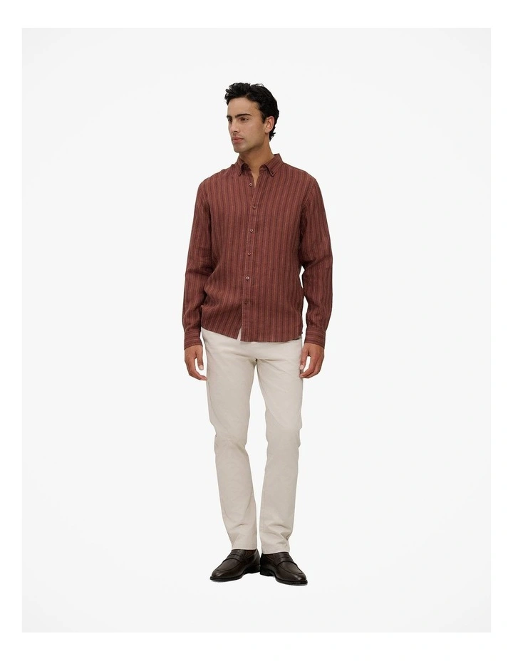 Regular Fit Delave Linen Stripe Shirt in Redwood image 2