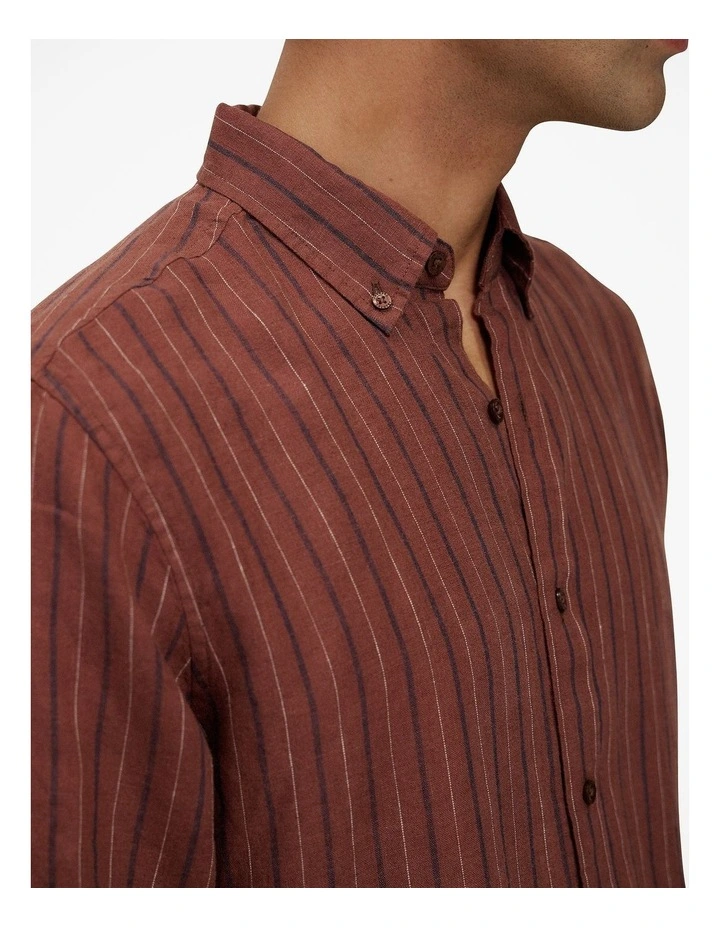 Regular Fit Delave Linen Stripe Shirt in Redwood image 3
