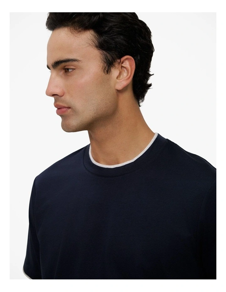 Mercerised Cotton Layered T-shirt in Navy image 3