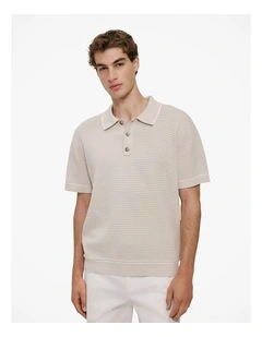 Textured Cotton Tipped Knit Polo in Stone