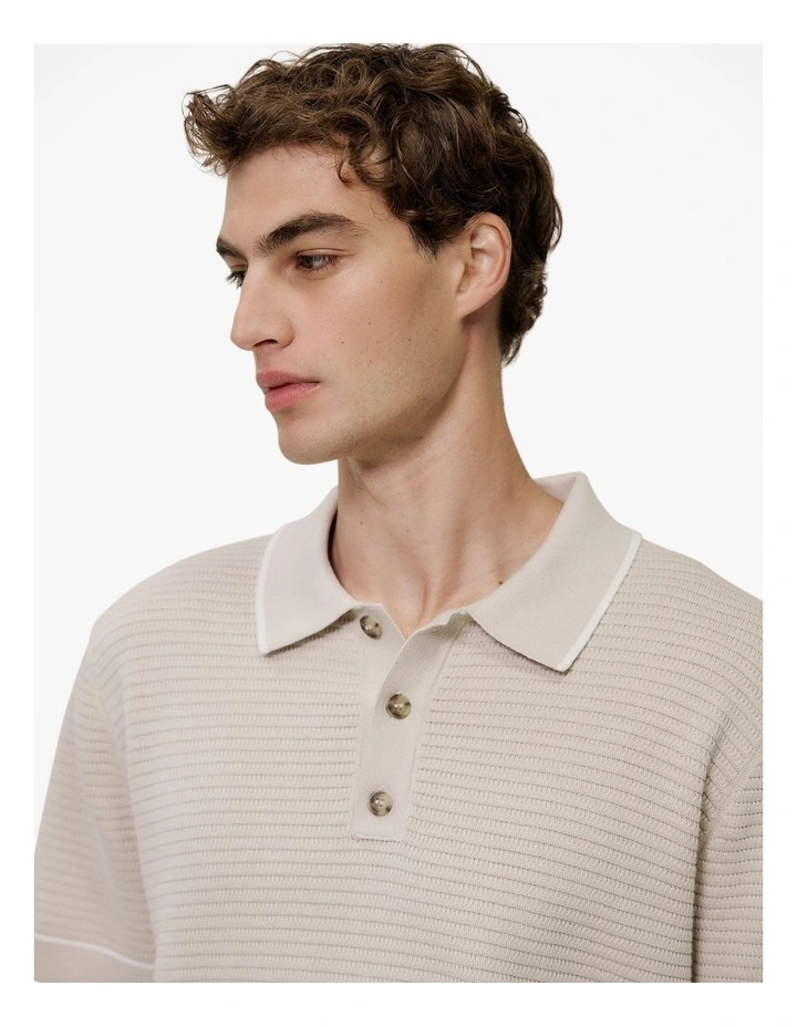 Textured Cotton Tipped Knit Polo in Stone image 3
