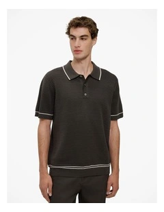 Textured Cotton Tipped Knit Polo in Dark Olive