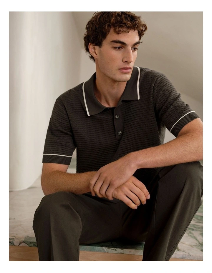 Textured Cotton Tipped Knit Polo in Dark Olive image 2