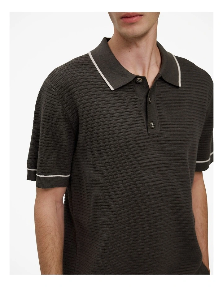 Textured Cotton Tipped Knit Polo in Dark Olive image 4