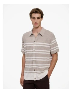 Cotton Linen Stripe Knit Shirt in Stone
