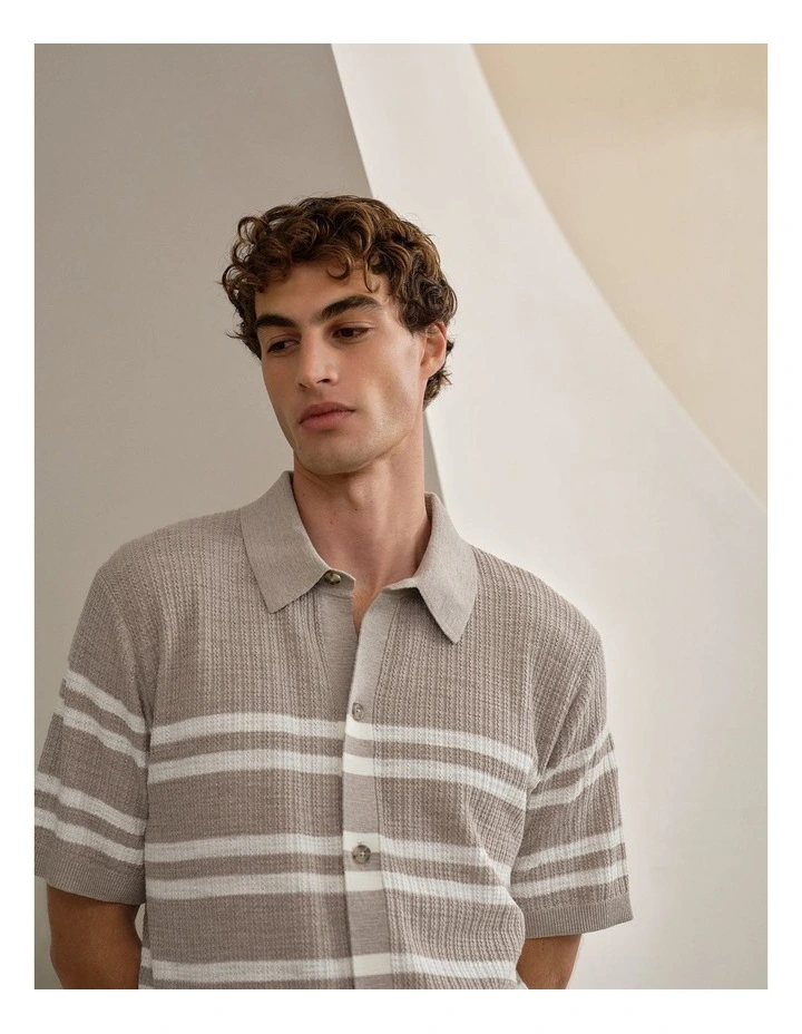 Cotton Linen Stripe Knit Shirt in Stone image 2