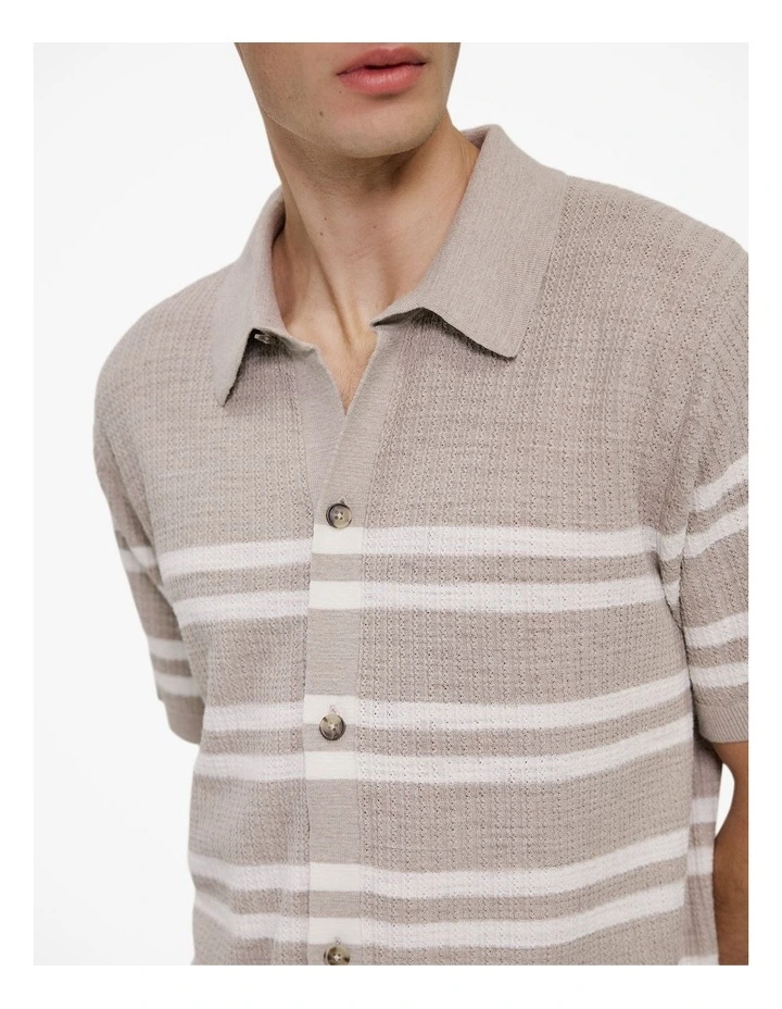 Cotton Linen Stripe Knit Shirt in Stone image 4